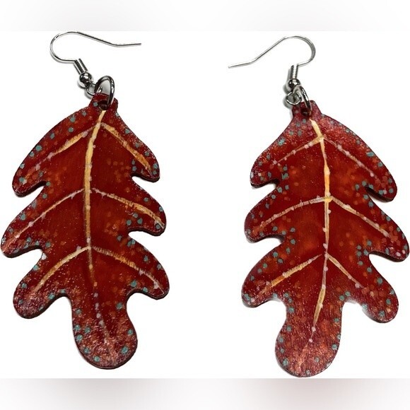 Hand Painted Fall Wooden Leaf Earrings Handmade Orange Fish Hook Autumn Witchy - Picture 2 of 5
